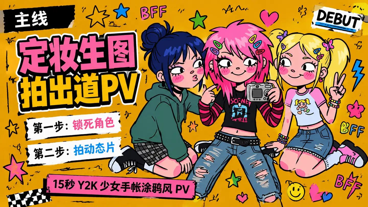 把三个涂鸦少女”送出道”：一张定妆照 + 15 秒 PV 的 AI 偶像企划工作流